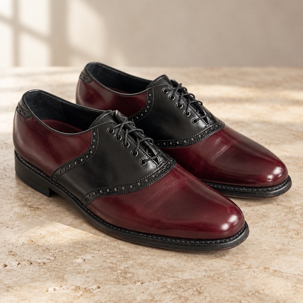 Florsheim Men Burgundy Black Leather Saddle Shoes Oxford 10 3E Rockabilly Preppy